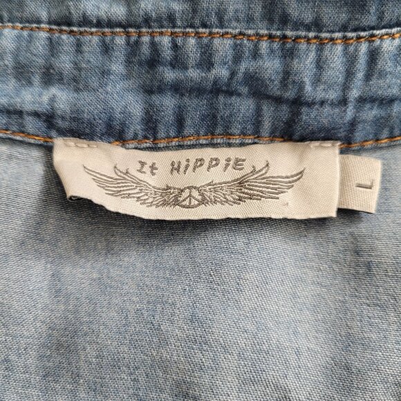 It Hippie Womens Denim Button-Up Shirt Fun Patches & Long Sleeves Size Large - Picture 3 of 7